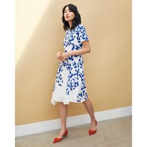 The Fold London Somerby Blue Ginkgo Leaf Print Asymmetric Midi Dress Fit & Flare